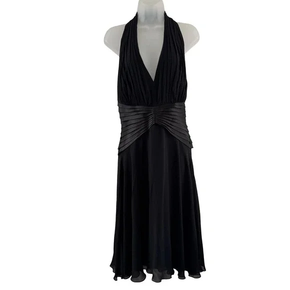Vintage Tadashi Dress Womens 10 Black Silk Halter Pleated Y2K Gown Whimsigoth - Picture 4 of 16